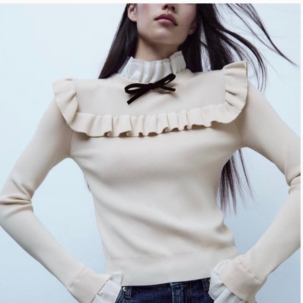Zara Combination Knit Sweater Croquette Bow Size Medium Cream White Cottage core
